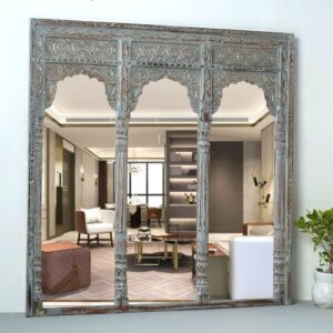 HAVER WOODEN CARVED MIRROR FRAME JHAROKHA (GREY DISTRESS)